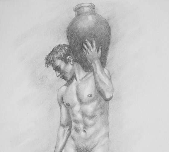 original art drawing charcoal male nude boy stean on paper #16-5-25-01