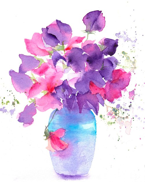 Sweetpea flowers, original watercolour painting by Anjana Cawdell