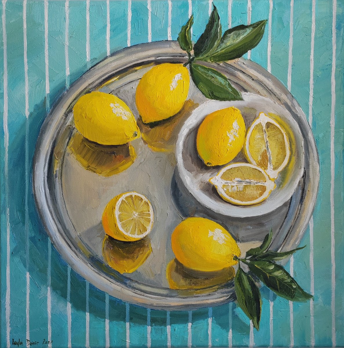 Impressionistic Still Life Oil Painting By Leyla Demir, 20 X 20", Lemons On Turquoise Stripen Tablecloth, Original Artwork