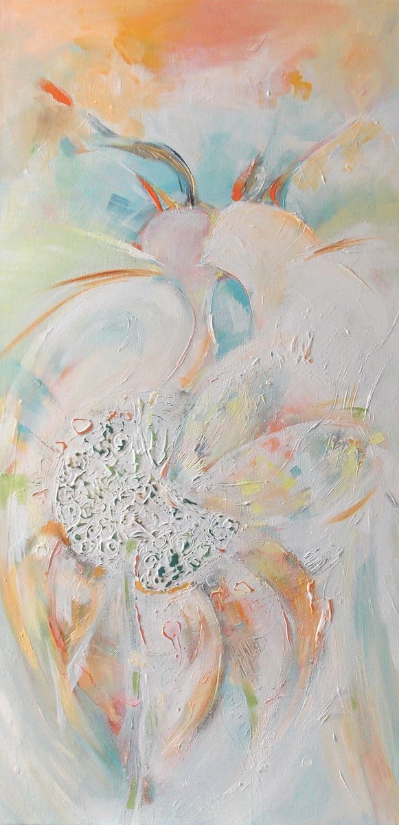 Impressionistic Animal Acrylic Painting By Maria Paunova, 16 X 31", Pigeons In Love, Original Artwork