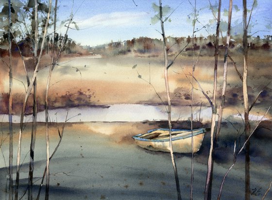 Autumn river in watercolor, fishing boat in the forest