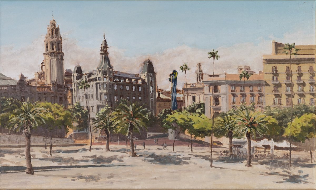 Impressionistic Cityscapes Oil Painting By Cedric Visser, 20 X 12, Barcelonetta, Original Artwork