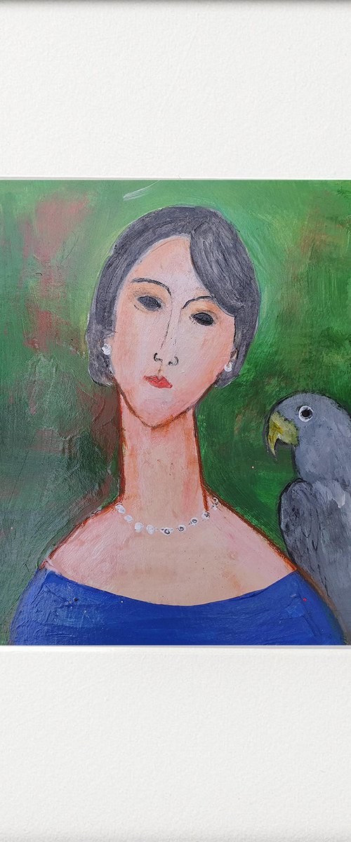 Woman Blue Dress Grey Parrot by Teresa Tanner