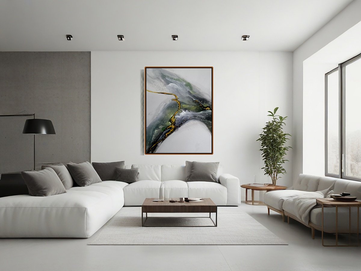 Geometric Abstract Painting By Vishalandra Dakur, 24 X 30", Golden Flows, Original Artwork