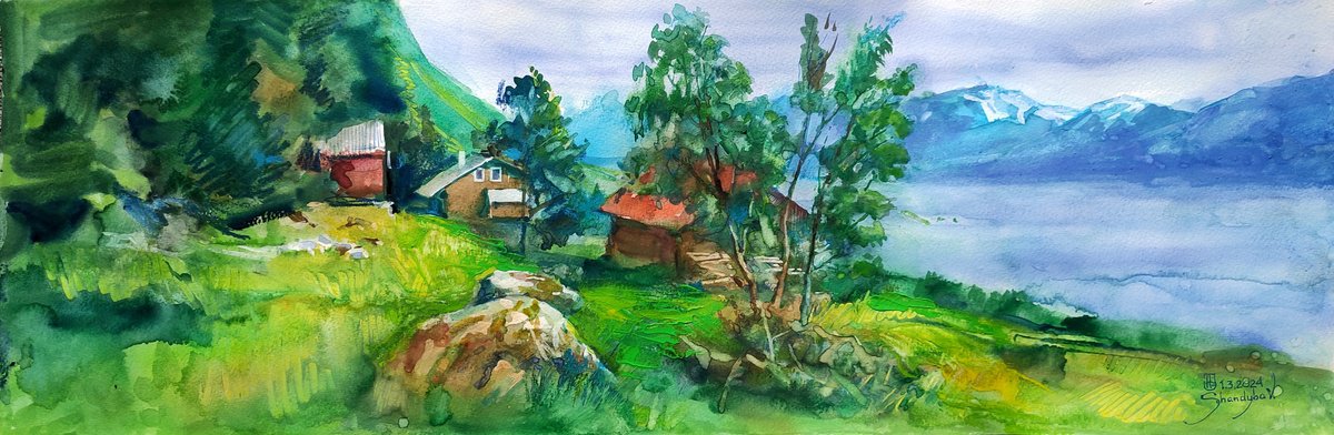 Impressionistic Landscape Watercolour By Vladimyr Shandyba, 38 X 15", Road From Sulabakkhornet, Original Artwork