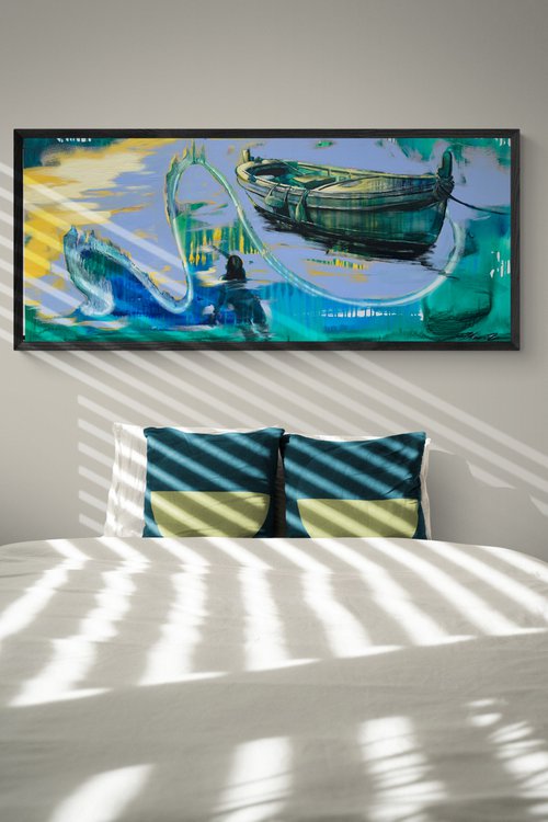 Big painting - "Swimming girl" - Pop Art - Lake - Boat - Bright seascape - Girl in water by Yaroslav Yasenev