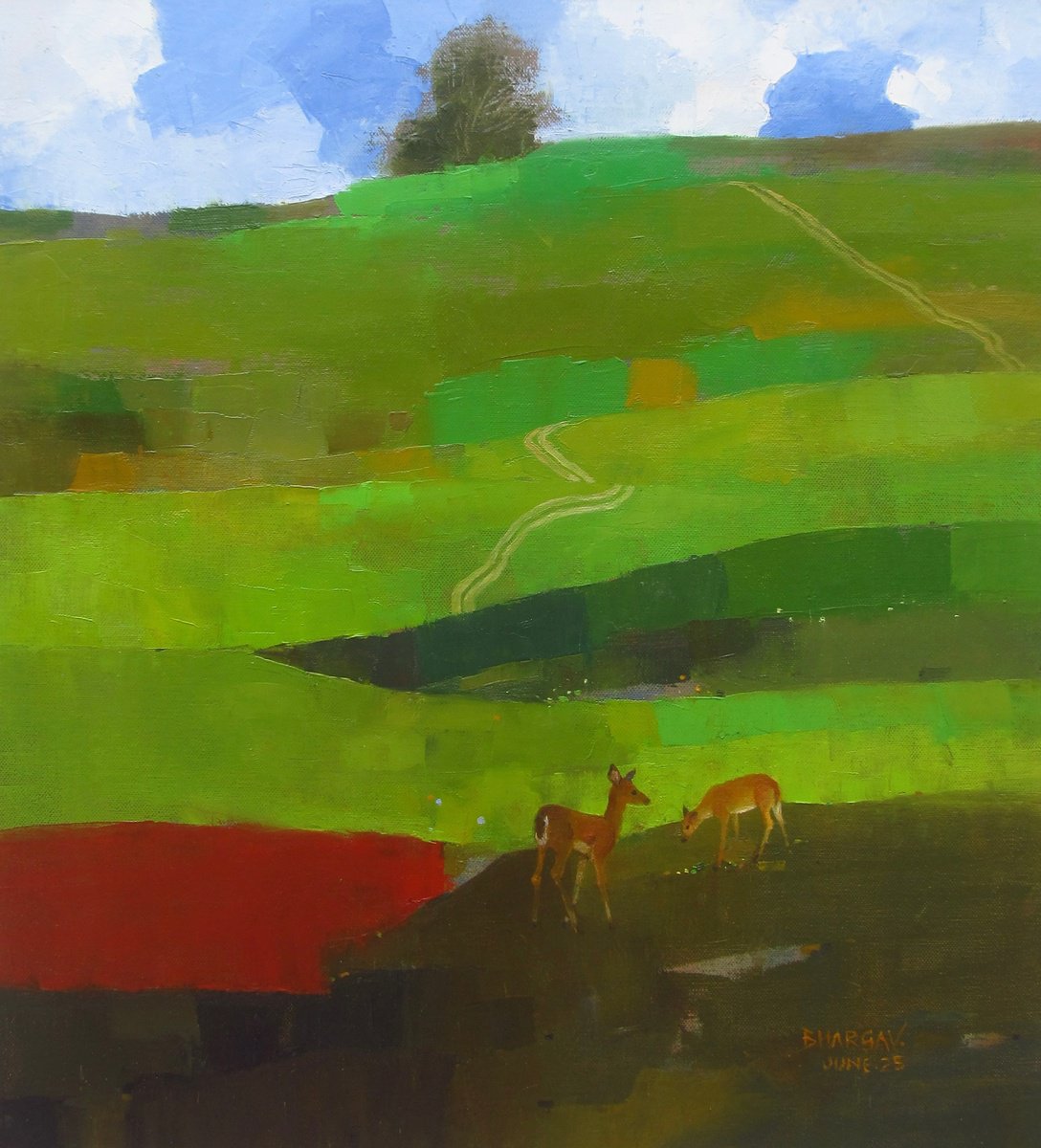 Impressionistic Landscape Oil Painting By Bhargavkumar Kulkarni, 17 X 18, Green Carpet, Original Artwork