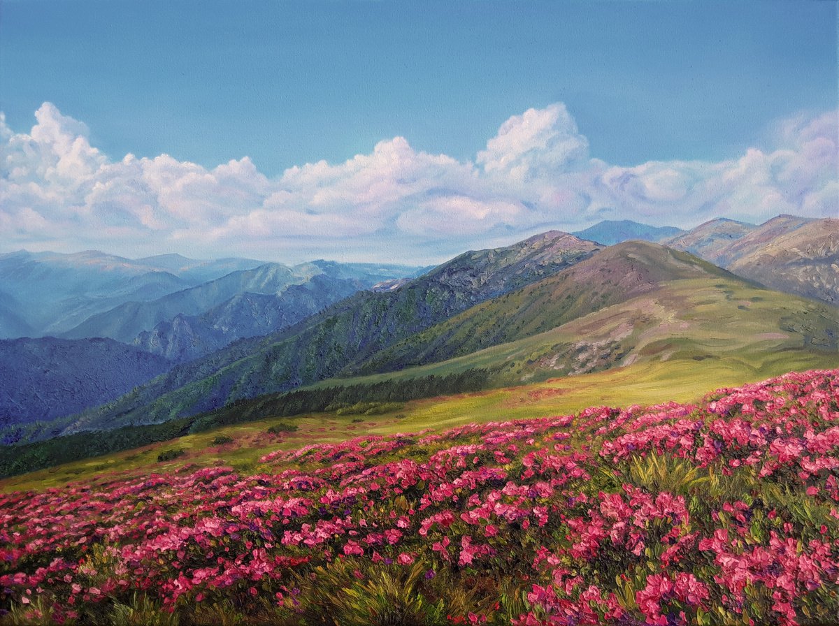 Spring in the mountains, oil landscape painting, palette knife scenery art by Anna Steshenko
