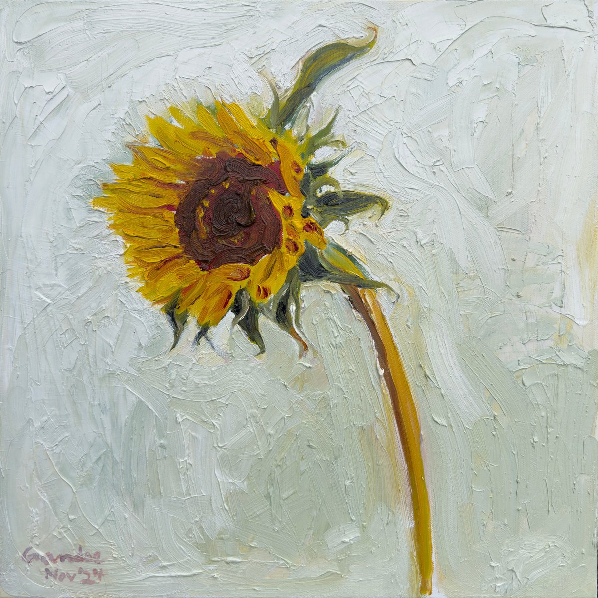 Impressionistic Botanical Oil Painting By Gandee Vasan, 16 X 16, Sunflower1, Original Artwork