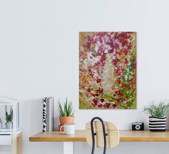 Abstract Tropical Flowers. Floral Garden. Abstract Red Floral Original Painting on Canvas 46x61cm Modern Art