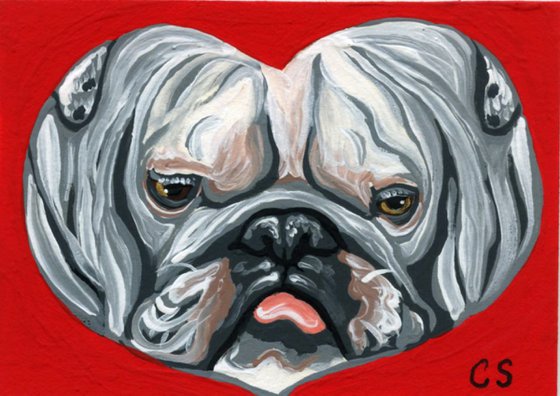 ACEO ATC Original Painting English Bulldog Valentine Pet Dog Art-Carla Smale