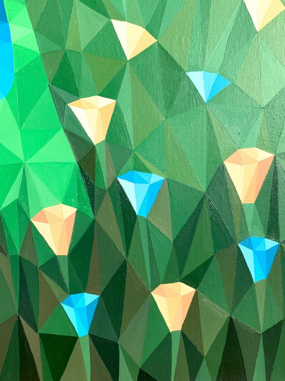 GIRL IN A FLOWER FIELD WITH A BLUE RABBIT