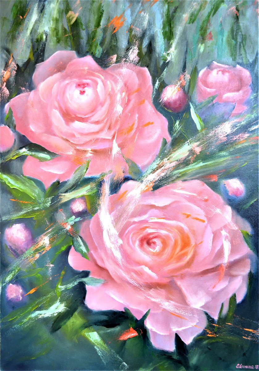 Impressionistic Botanical Oil Painting By Elena Lukina, 28 X 39, Flower Fantasy, Original Artwork