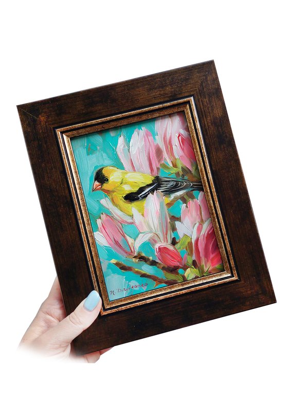 American goldfinch painting original oil art in frame 7x5, Yellow bird on branch magnolia pink flowers art
