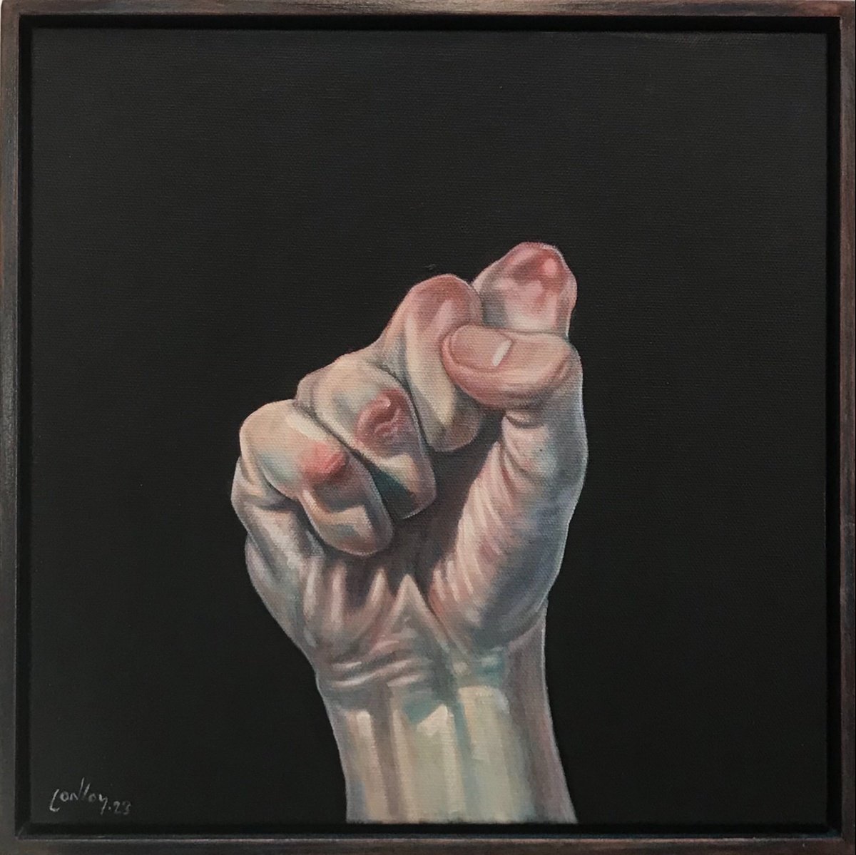 Expressive Portrait Oil Painting By Pete Conroy, 13 X 13", Out Of The Darkness - Fist 3, Original Artwork