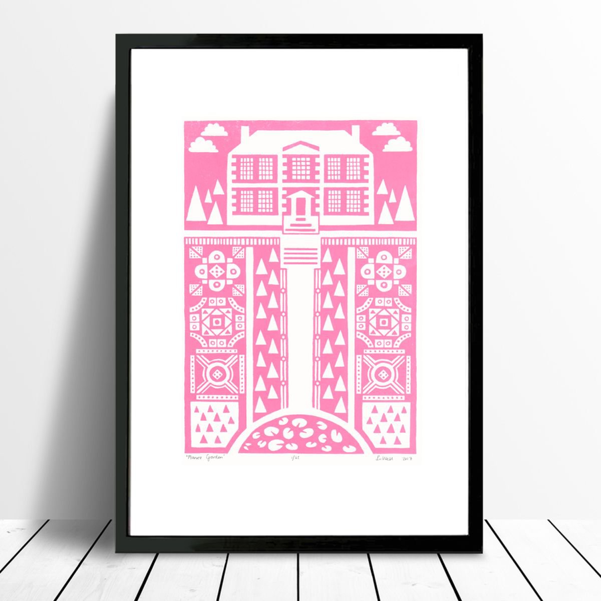 Manor Garden Print A3 Size in English Rose - Framed - FREE UK Delivery by Lu West