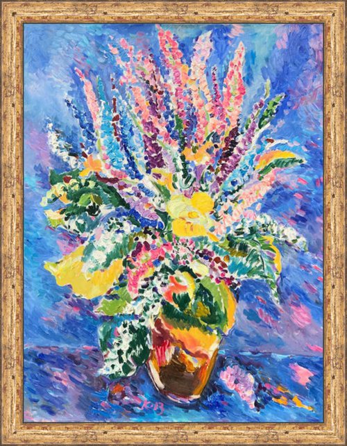 BOUQUET - floral still-life with summer flowers, original painting oil on canvas, Valentine's Day gift by Karakhan