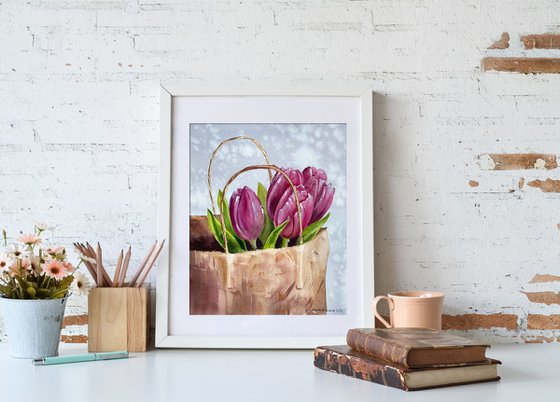 Tulip Bouquet in Paper Bag watercolor painting
