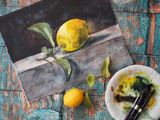 The lemon - original watercolor, darkness light, artwork for kitchen