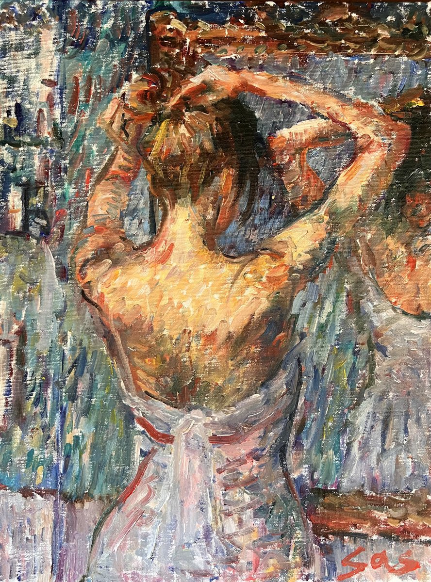 Impressionistic Portrait Oil Painting By Liubou Sas, 12 X 16", Morning Toilette, Original Artwork