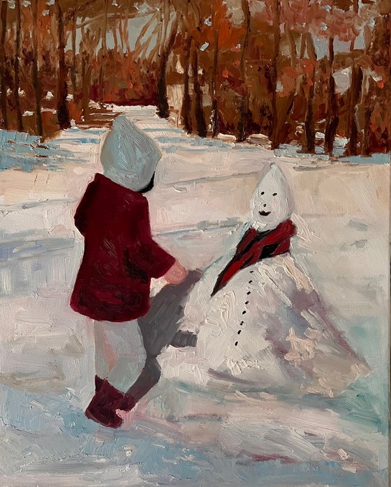 Hey Snowman! Winter landscape oil painting