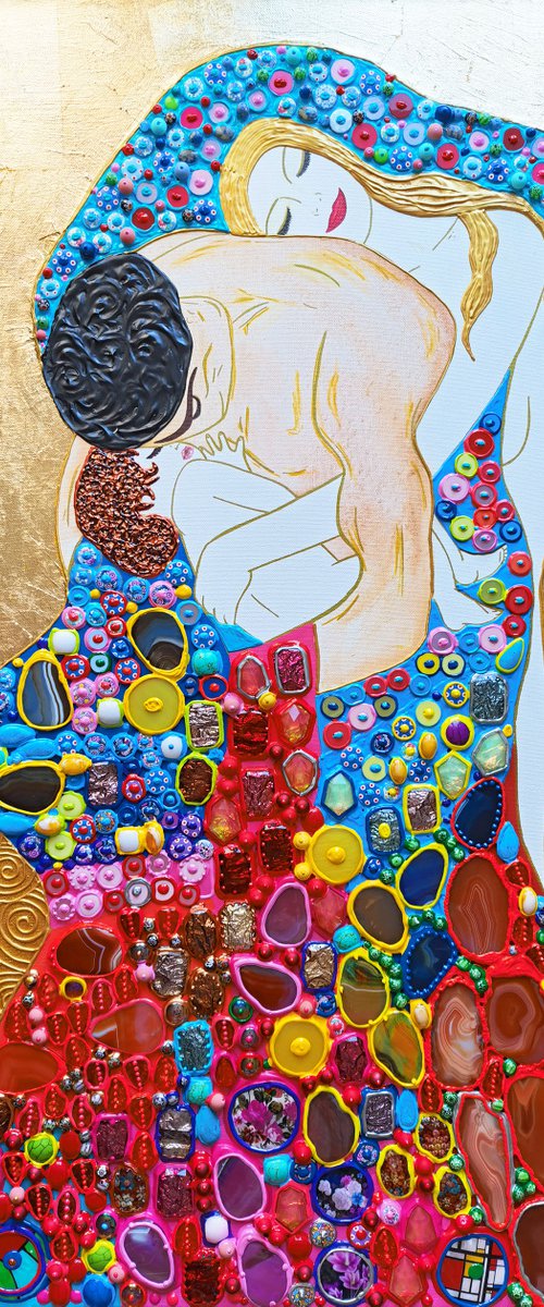Family portrait, father mother and baby. Man woman child love art with natural gemstones, gold leaf (petal), Murano glass mosaic by BAST