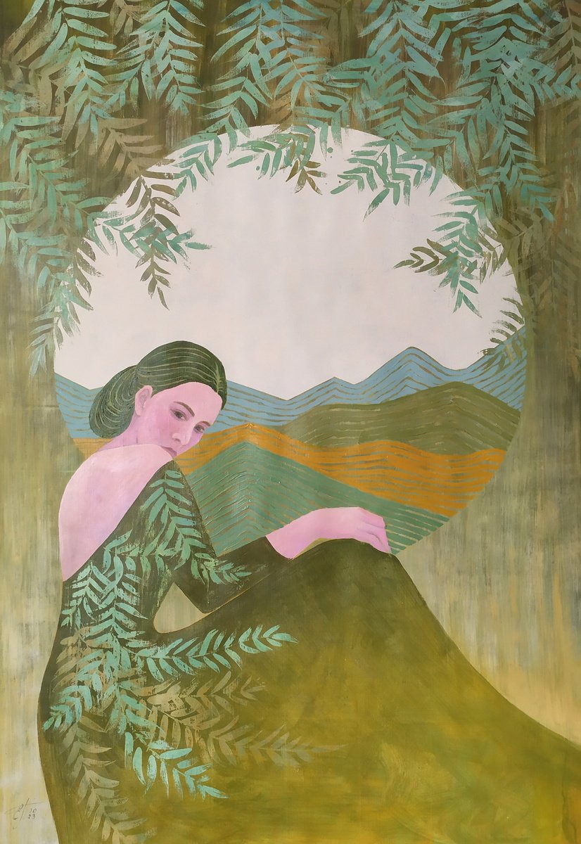 Green Hills Young Woman In Olive Dress by Ekaterina Prisich