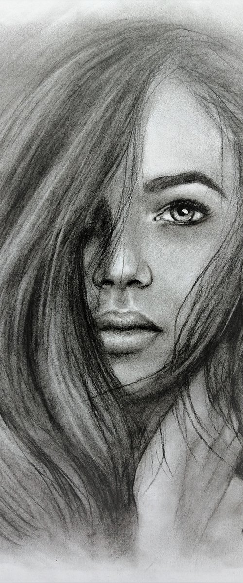 Beautiful woman - original charcoal portrait drawing by Mateja Marinko