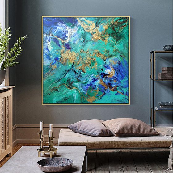 Modern abstract art blue green gold metallic painting ocean colors - Summer Holidays