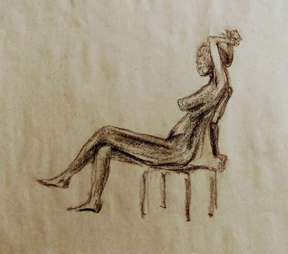 Nude. Sketch. Original pastel drawing on beige paper