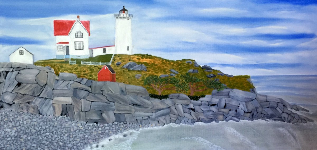 Photorealistic Landscape Oil Painting By Leslie Dannenberg, 48 X 24", Cape Nubble Lighthouse, Original Artwork