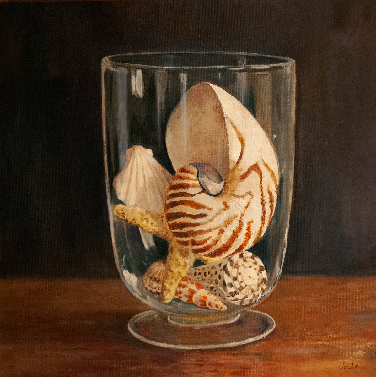 Photorealistic Oil Painting , Seashells In A Glass Vase By Nikola Ivanovic, 12 X 12, Artwork For Sale On Artfinder
