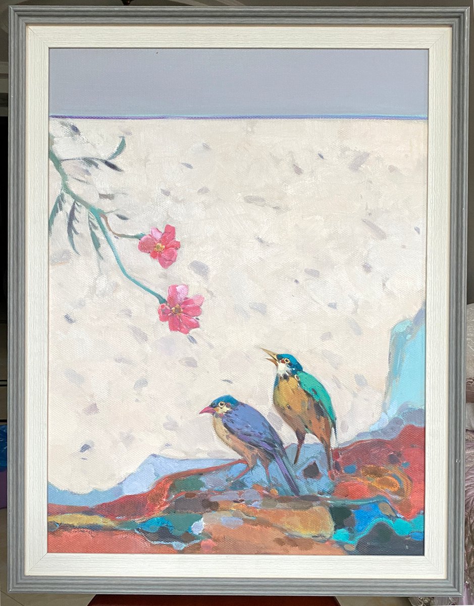 Impressionistic Botanical Oil Painting By Kunlong Wang, 24 X 31", Floral And Birdies K035, Original Artwork