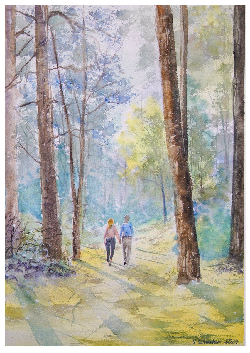 Impressionistic Landscape Watercolour By Yulia Schuster, 12 X 16", Forest Stroll, Original Artwork