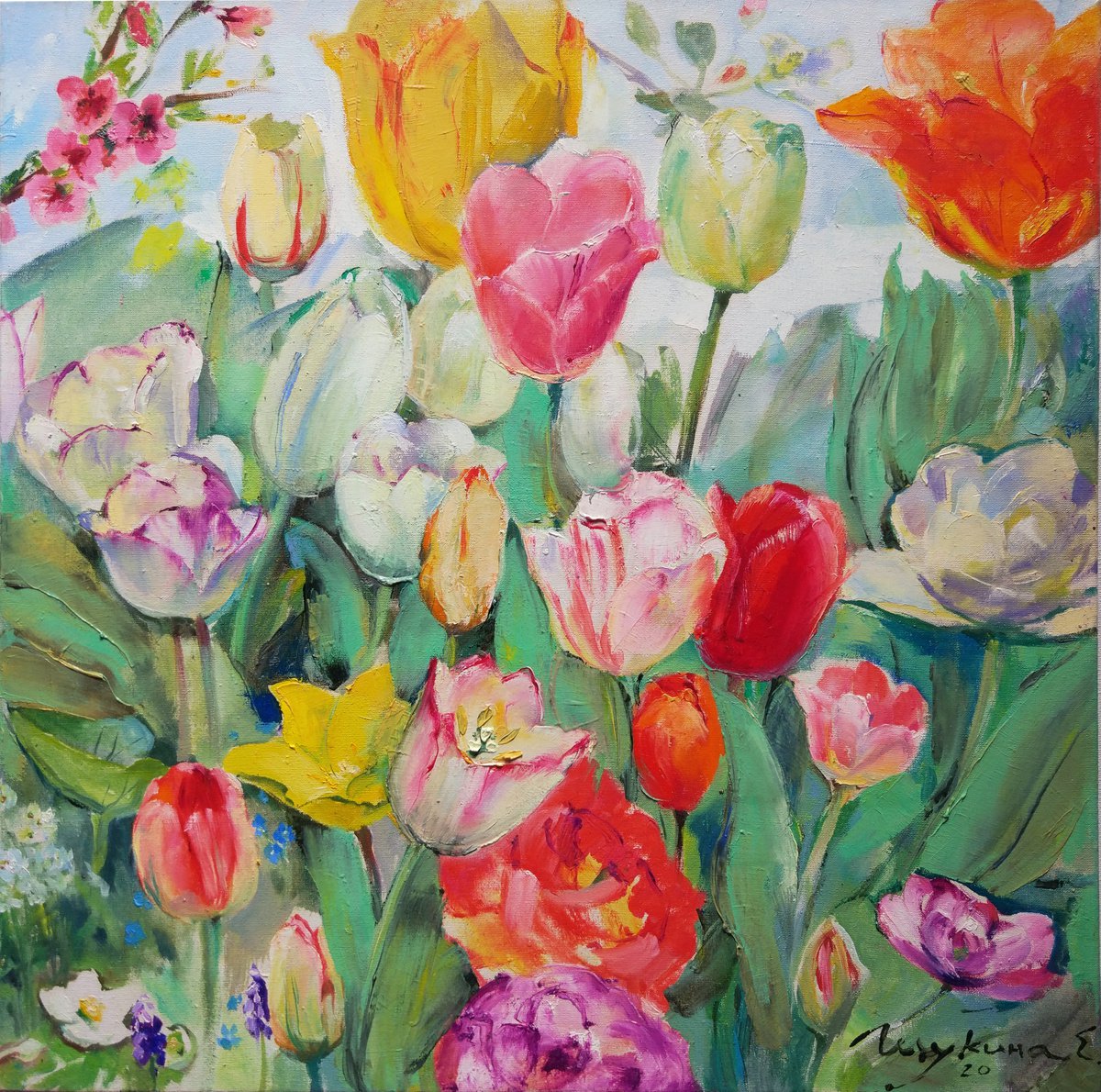 Botanical Oil Painting By Helen Shukina, 18 X 18, Tulips In My Garden, Original Artwork