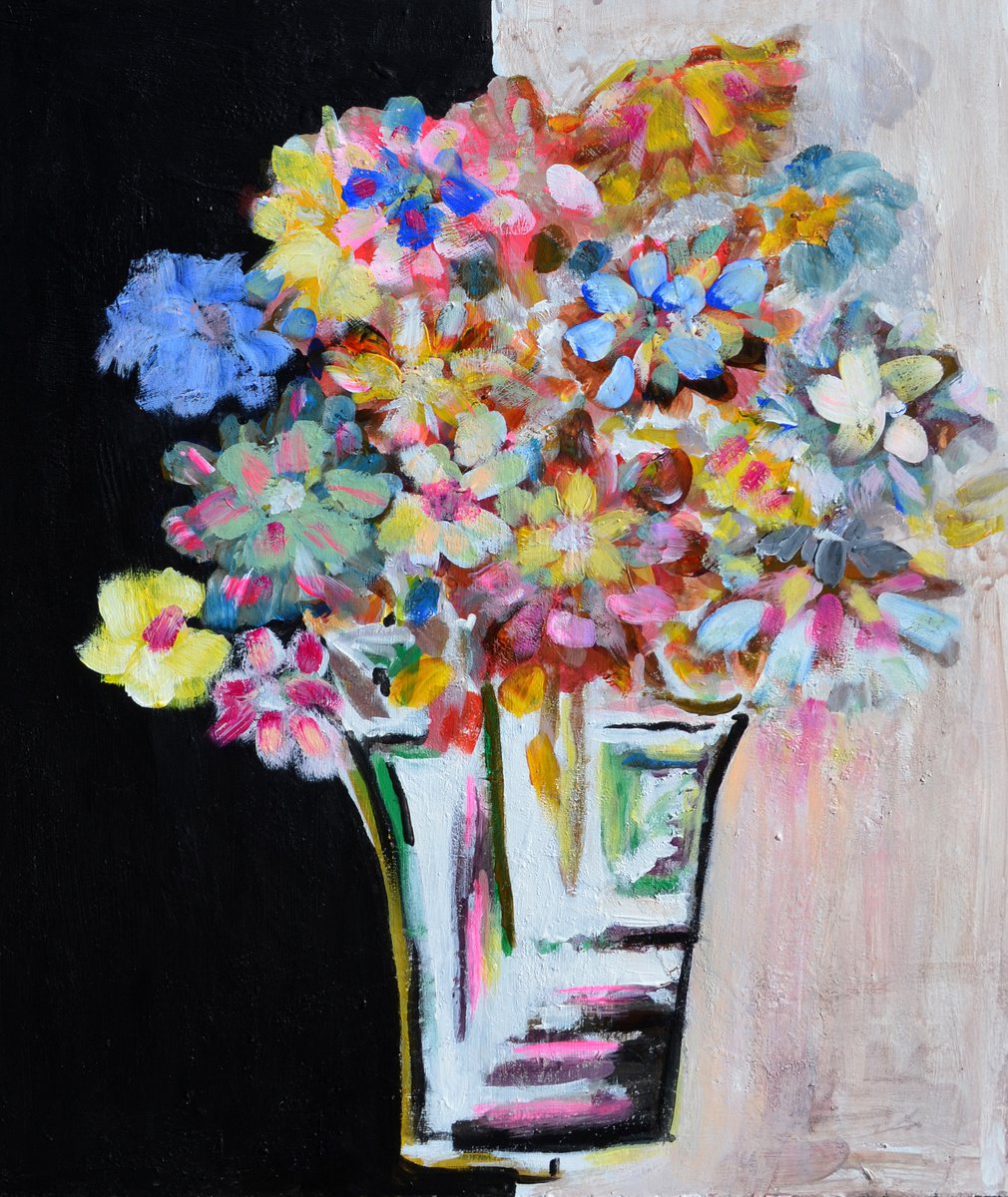 Impressionistic Botanical Acrylic Painting By Isabel Robledo, 20 X 24, Vase With Flowers, Original Artwork