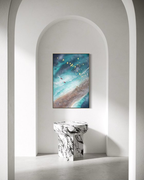 Teal Texture seascape with stingrays  1 90x60