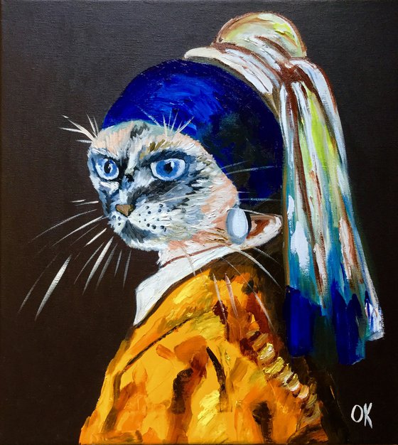 Siamese Cat with the pearl earring. Feline art. Blue eyes. Gift idea for cat lovers