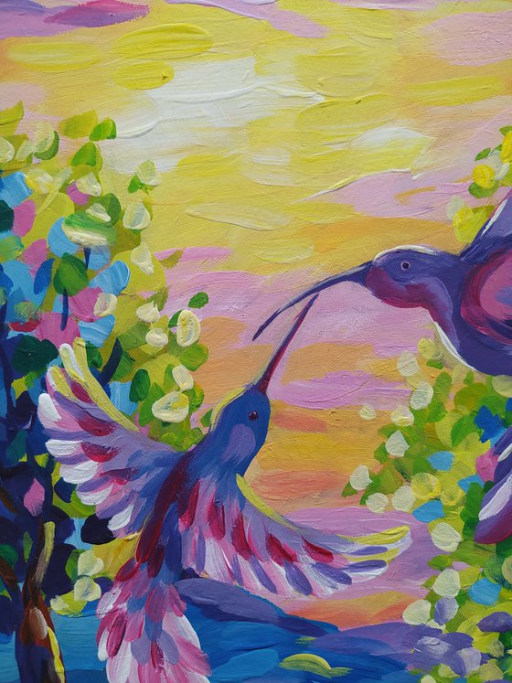 Peaceful time - acrylic, sunset, flowers, landscape, trees, forest, painting, landscape art, trees acrylic painting, birds, birds in love, painting, landscape painting