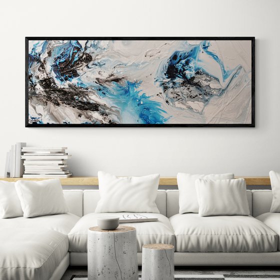 Crushed Midnight 160cm x 60cm Blue White Abstract Art