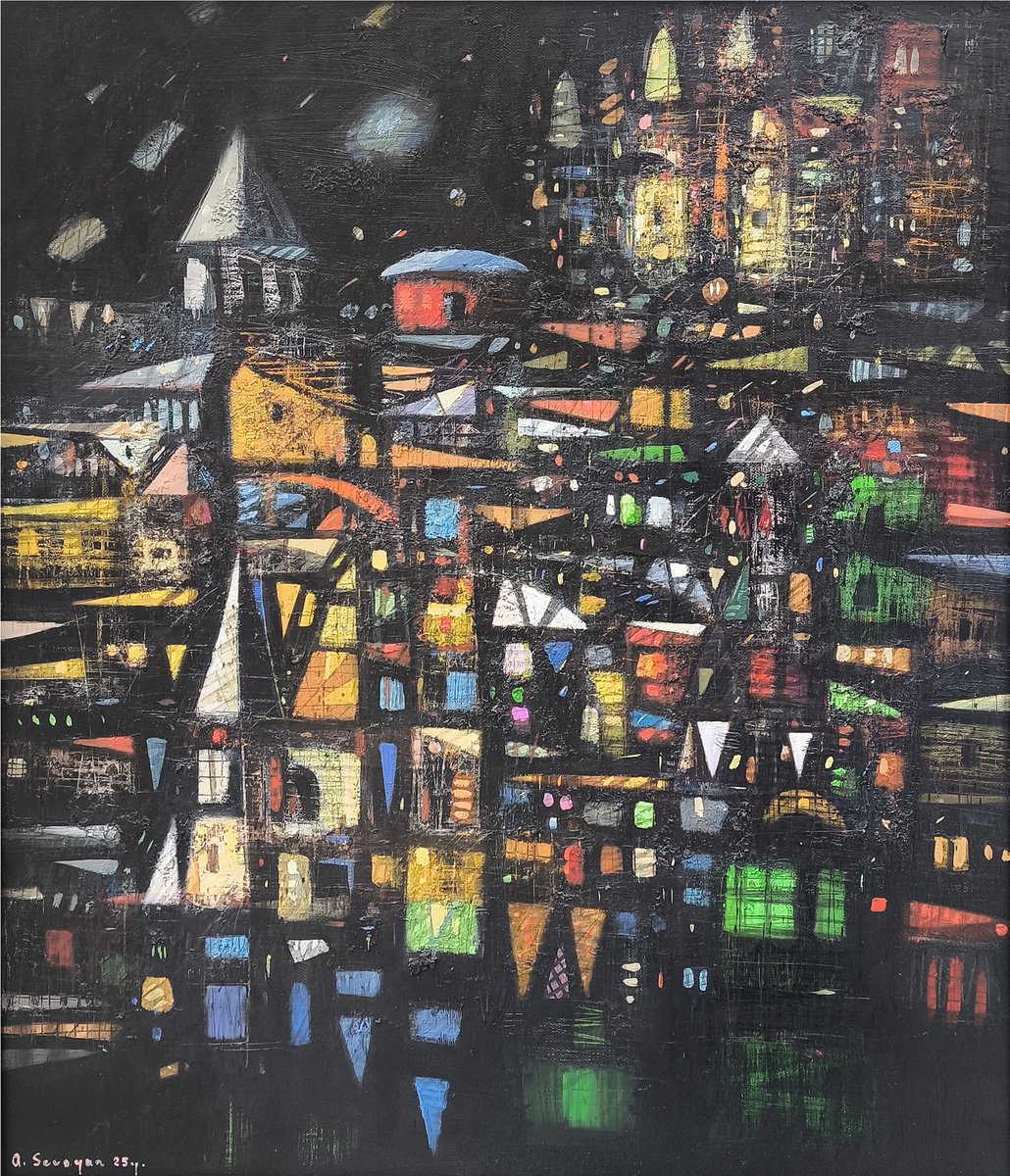Abstract Cityscapes Oil Painting By Aram Sevoyan, 20 X 24, City Of Thousand Lights, Original Artwork
