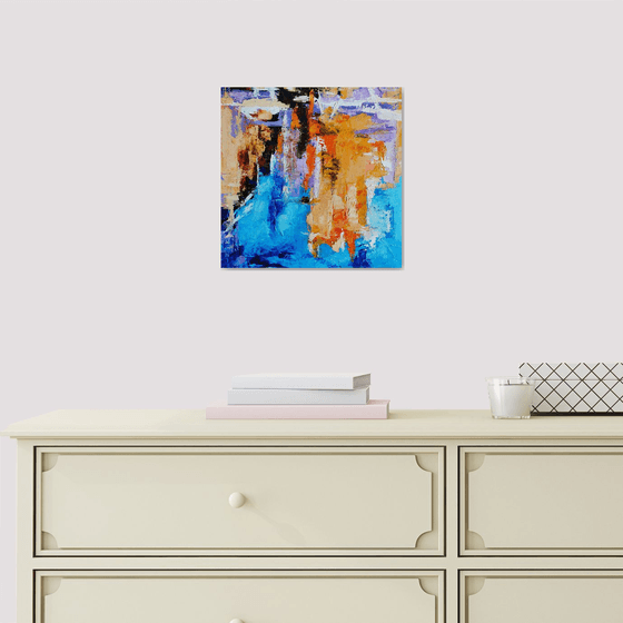 Reflections N 1, Abstract Painting Small Original Art Blue Orange Artwork Multicolor Geometric Wall Art 10 by 10