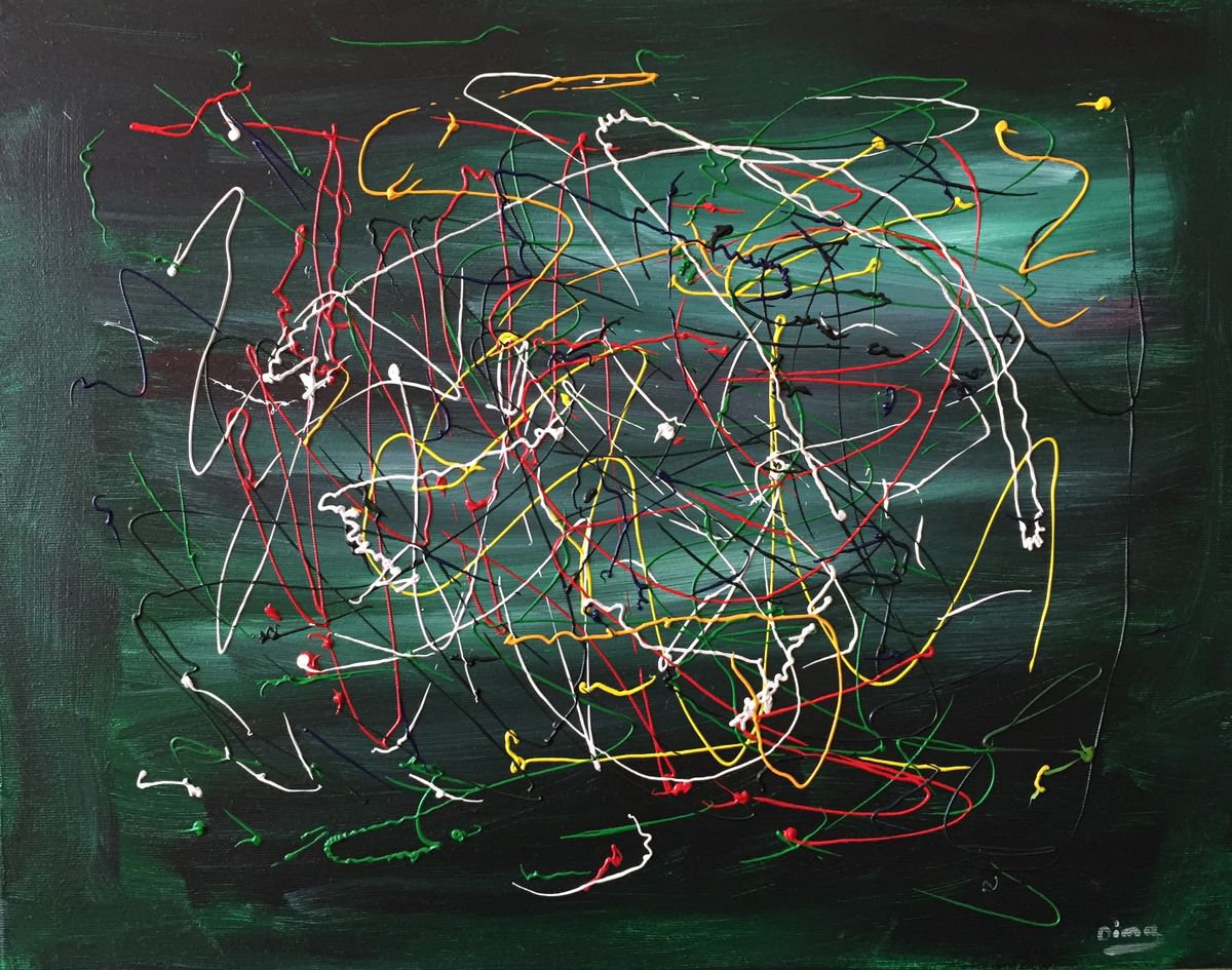 Chaos on green Drip technique painting Artfinder