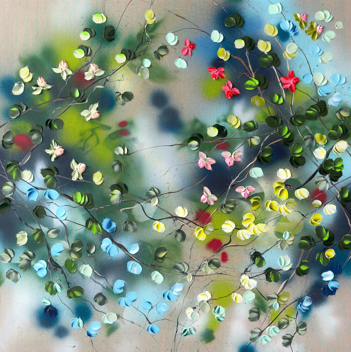 Expressive Botanical Acrylic Painting By Anastassia Skopp, 35 X 35, The Smell Of Roses Ii, Original Artwork