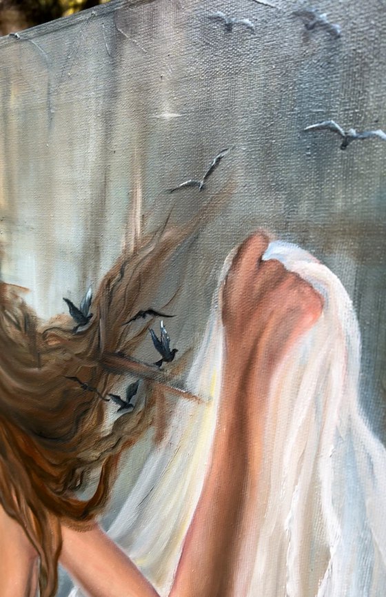Madonna veil, veil painting, painting of a girl, girl's back, girl with long hair, painting of birds, metaphorical painting, painting about personal boundaries