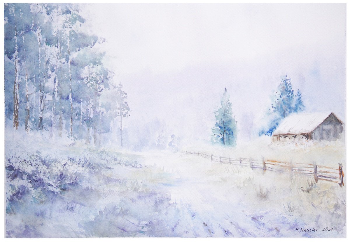 Impressionistic Landscape Watercolour By Yulia Schuster, 16 X 12", Winter