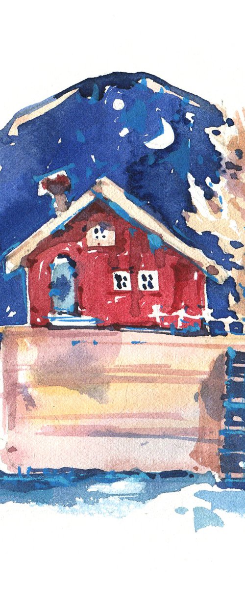 "Red House by the Sea" fairy tale watercolour postcard by Ksenia Selianko