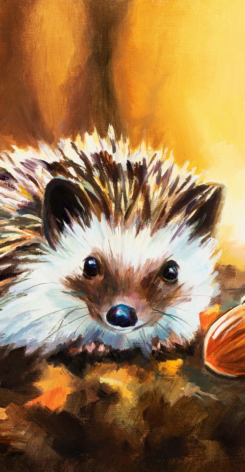 Hedgehog with acorn in fall woods by Lucia Verdejo