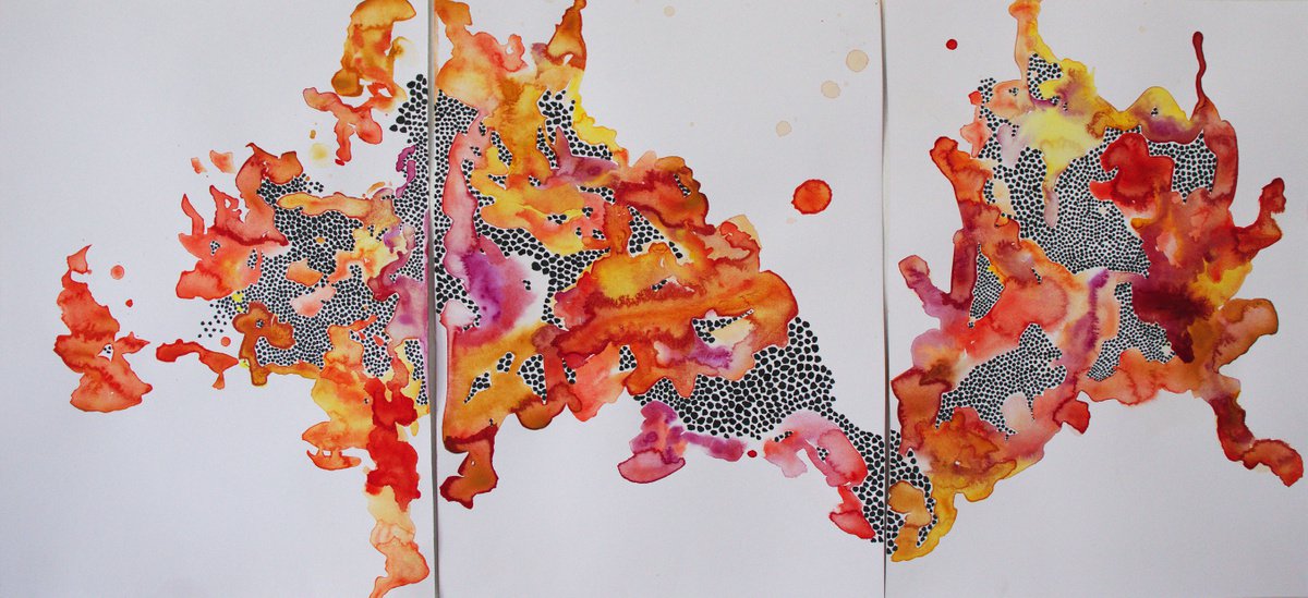 Organic Abstract Watercolour By Evgeniq Ivanova, 28 X 13, ? - Heart Of Fire, Original Artwork