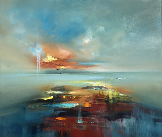 Reach out for the Sky - 60 x 70 cm, abstract landscape oil painting in blue and red